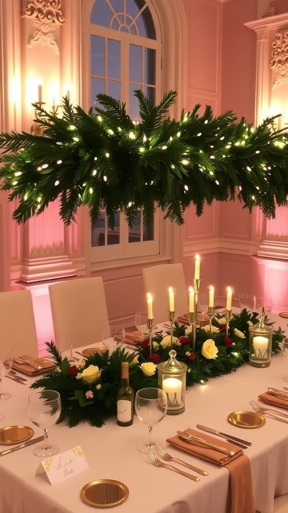 A beautifully decorated Christmas wedding head table with evergreen garland, candles, and elegant tableware.